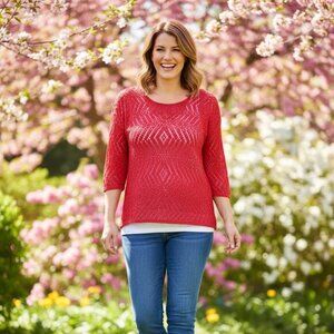 Chico’s Size 3 Pink Crochet Eyelet 3/4 Sleeve Tunic Top Boho Resort Wear